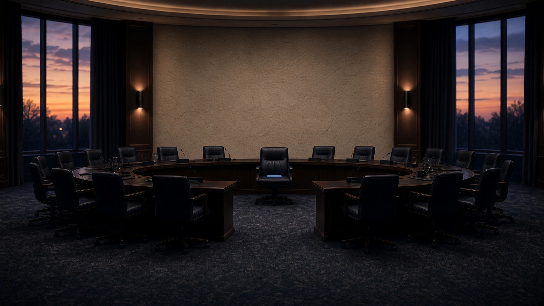 An empty council chamber. One chair sits back from the table, a pale blue folder on the seat.
